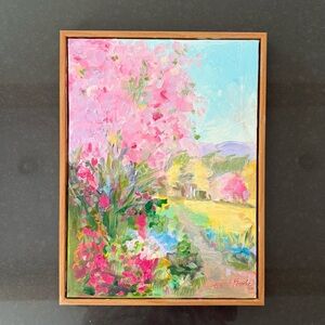 Original oil painting impressionist Monet style spring blossoms mountain